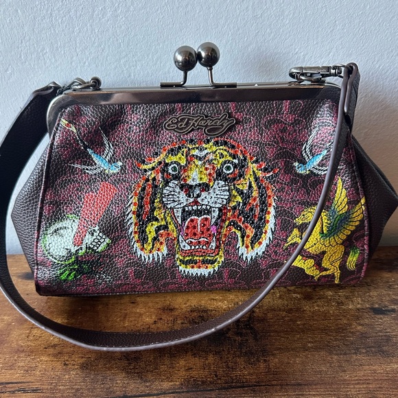 Ed Hardy Handbags - Ed Hardy Bag with Rhinestone Tiger, Skull & Bird Design Kiss Lock Purse NWT